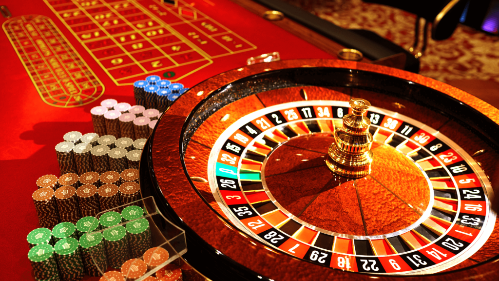 Roulette at the one of the top casino destinations in Canada. The table is red for playing roullette.